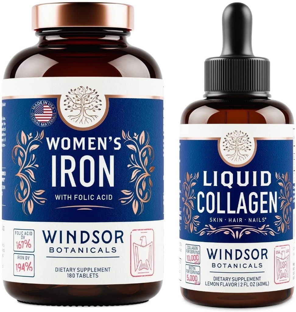 WINDSOR BOTANICALS Υγρό κολλαγόνο και σίδηρος για τις γυναίκες Beaty και Wellness Bundle