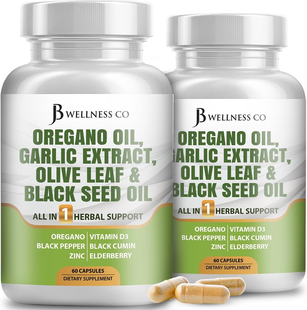 JB Wellness Oregano Oil, εκχύλισμα σκόρδου, Olive Leaf, με Astragalus - Immune Support & Digestive Health Supplement for Women and Men - 120 Count