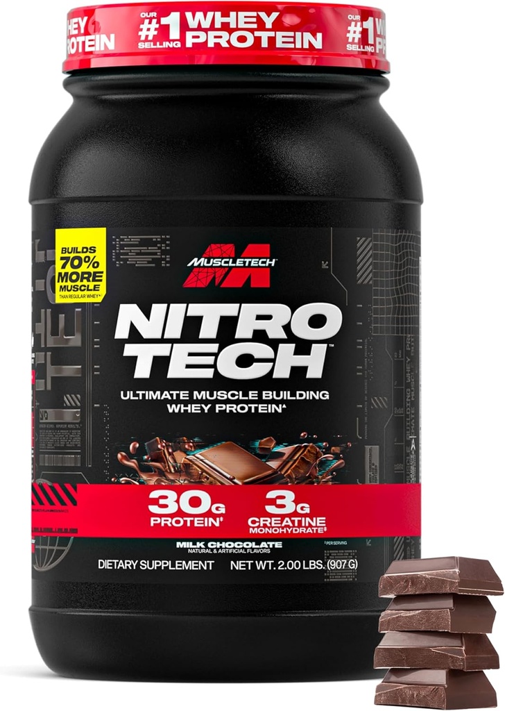Kastech Whey Protein Tozu (Milk Chocolate, 2 Pound) - NitroTech Ultimate Muscle Building Formula Whey Protein Isolate - 30g Protein, BCAA 3g - Ambalaj Vary