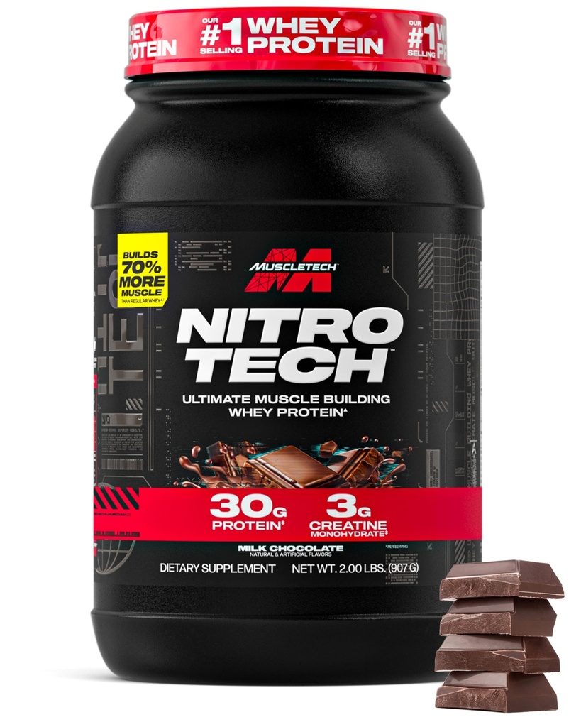 Muscletech Whey Protein Powder (Σοκολάτα γάλακτος, 2 Λίρες) - Nitro-Tech Ultimate Muscle Building Formula with Whey Protein Isolate - 30g πρωτεΐνης, 3g κρεατίνης & 6,8g BCAA - Συσκευασία Μαΐου Vary
