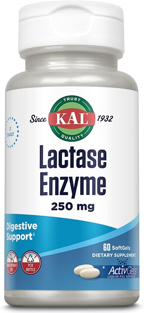 KAL Lactase Enzyme 250 mg, Lactose intolerance için sağlıklı Digestion Desteği, Sıvı-Filled ActivGelişmiş Ceset, 30 Hizmet, 60 Soft Gels