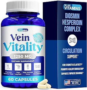 We Like Vitamins Vein Vitality 1250mg Diosmin Hesperidin Complex for Varicose Veins Treatment, Horse Chestnut, Butchers Broom, Bioflavonoids - Supports Blood Circulation for Leg Veins- 60 Capsules