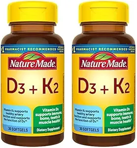 Nature Made Vitamin D3 K2 Supplement, 5000 IU (125 mcg) Βιταμίνη D για οστά, δόντια, μύες και ανοσοποιητική υποστήριξη, 30 D3 και K2 Softgels, 30 ημέρες προσφοράς