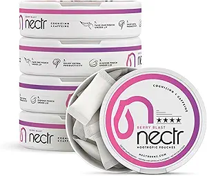 Nectr Enerji Nootropic Pouches – Berry Blast Flavored, Caffeine Pouches with Cog ETF® Citicoline. Sugar-Free Brain Treats. Parlak, Sustained Focus & Energy Supplement - 16parçalının 5 Pucks