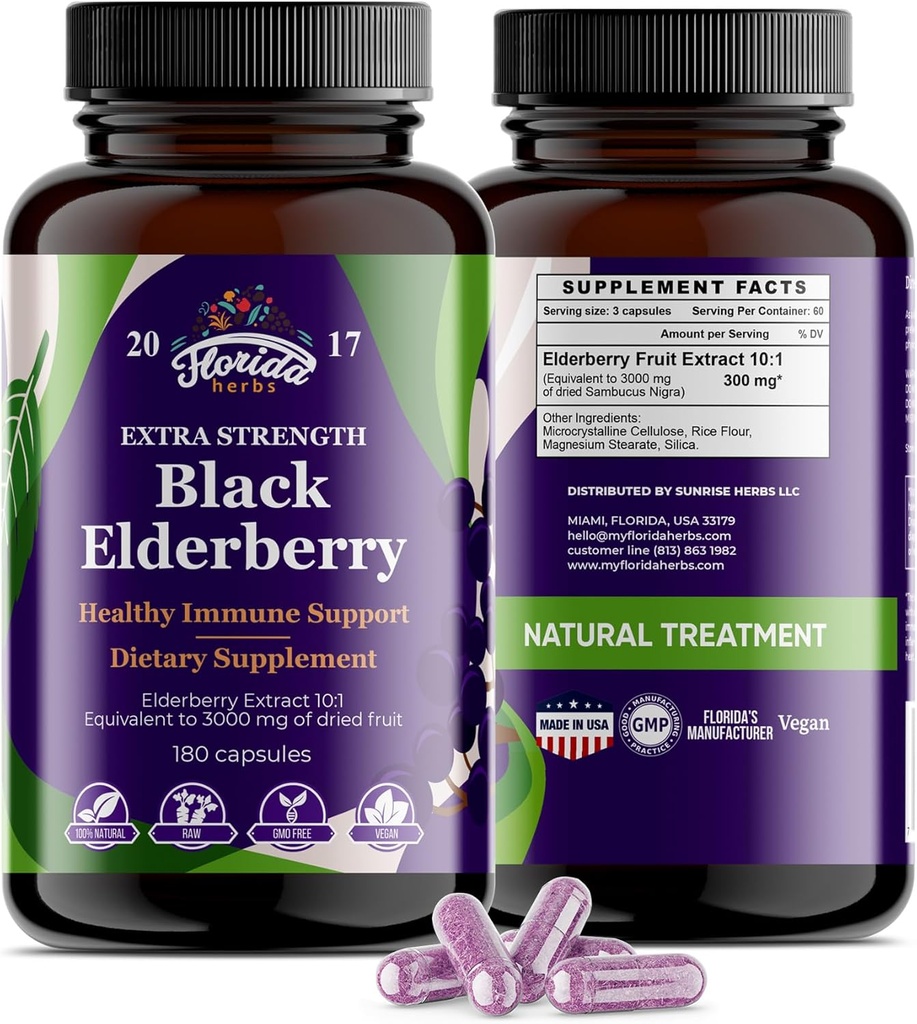 Black Elderberry Capsules | 180 Count | Sambucus Elderberry Vitamins, Non-GMO, Gluten Free, Organik Yaşlılık Sambucus Nigraberry