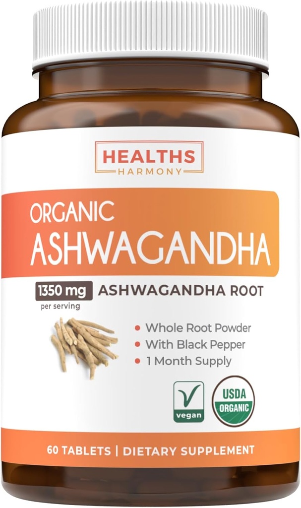USDA Organik Ashwagandha Supplement - Yüksek Potency Ashwagandha Pills, Gelişen Aborps için Organik Siyah Pepper ile Yapıldı - Vegan Non-GMO ABD ve Lab'da Gerçekleştirilmiş (1 Ay Supply)