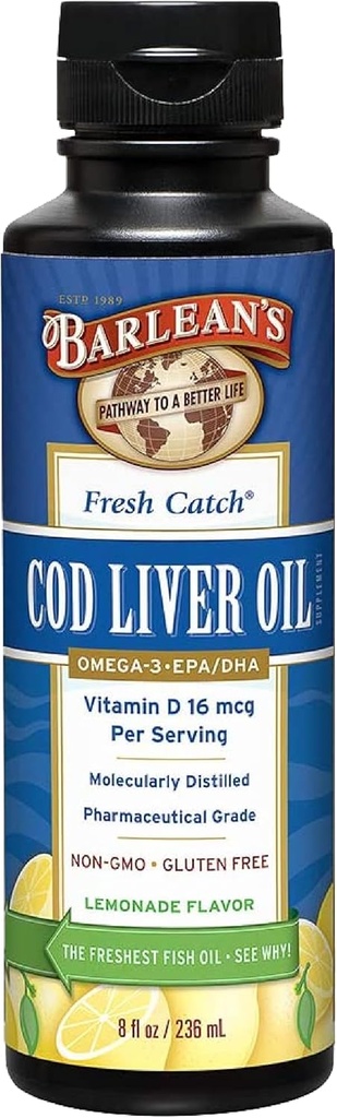Barlean'ın Cod Liver Oil Liquid Supplement, Omega 3 Fish Oil 900 mg EPA ve DHA Plus Vitamin D, Ortak, Beyin ve Kalp Sağlığı Desteği, Lemonade Flavor, 8 ozz