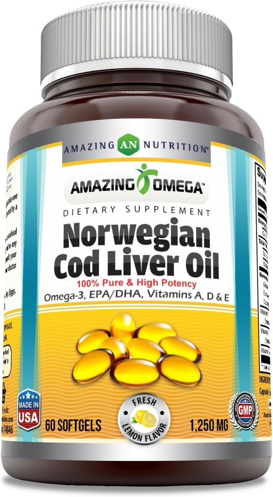 Amazing Omega Norveç Cod Liver Oil 1250 Mg Softgels Supplement | Omega-3, EPA, DHA, A, Vitamin D & Vitamin E (Lemon | 60)