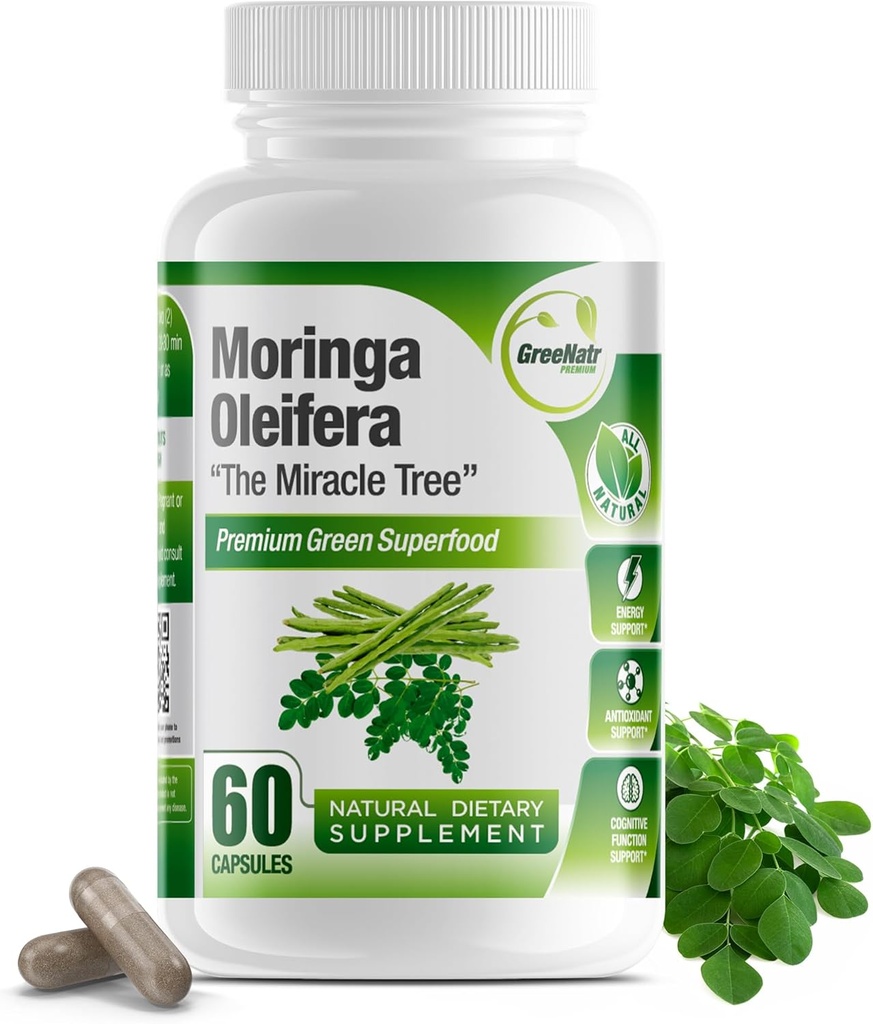 Πράσινα κάψουλες Moringa Oleifera Green Superfood με Βιταμίνη C, Ωμέγα 3 & Αμινοξέα - Ενισχύει την ενέργεια, Mood, Μνήμη, Ανοσοποιητική Υποστήριξη - Κατασκευασμένο από Βιολογικό Moringa, Μη ΓΤΟ - 60 κάψουλες (1 φιάλη)