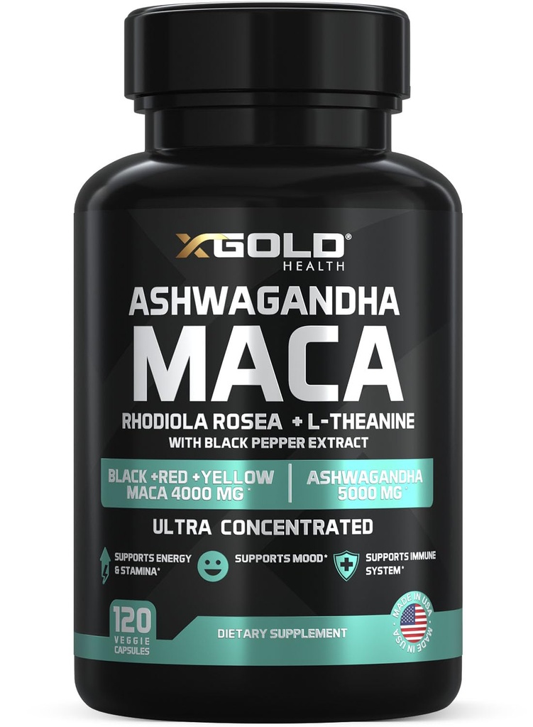 Ashwagandha 5.000 mg + Maca Root Black, Red, Sarı 4.000 mg, Rhodiola & L-Theanine: 30:1 Ashwagandha Capsules, 20:1 Extract Maca Roots - Supplement for Men and Women