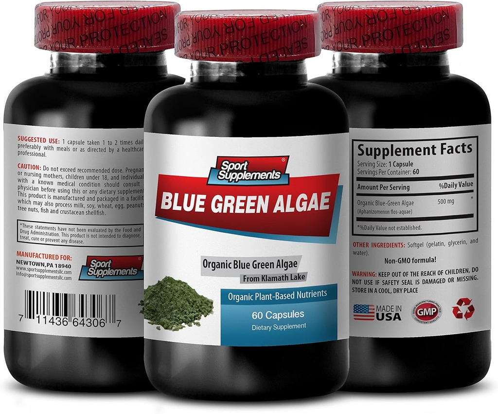 Pure Herbal Supplement - Klamath Blue Green Algae 500mg - Increase Energy Levels, Improve Digestion and Enhance Immune System, spirulina, chlorella, Klamath Blue Green Algae Powder - 1B 60 Capsules