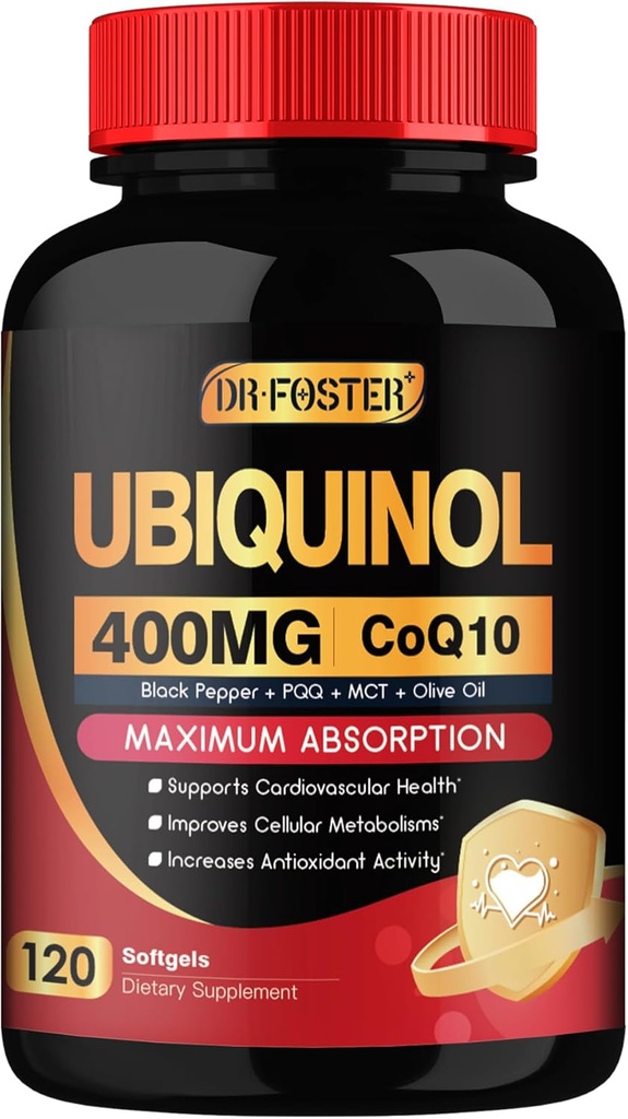 DRFOSTER Coq10 400 mg Softgels Ubiquinol - Co Q 10 Supplement Coenzyme q10 Cq10 400 mg Plus Vitamin E, PQ, Black Pepper for Heart Health, 120 Counts