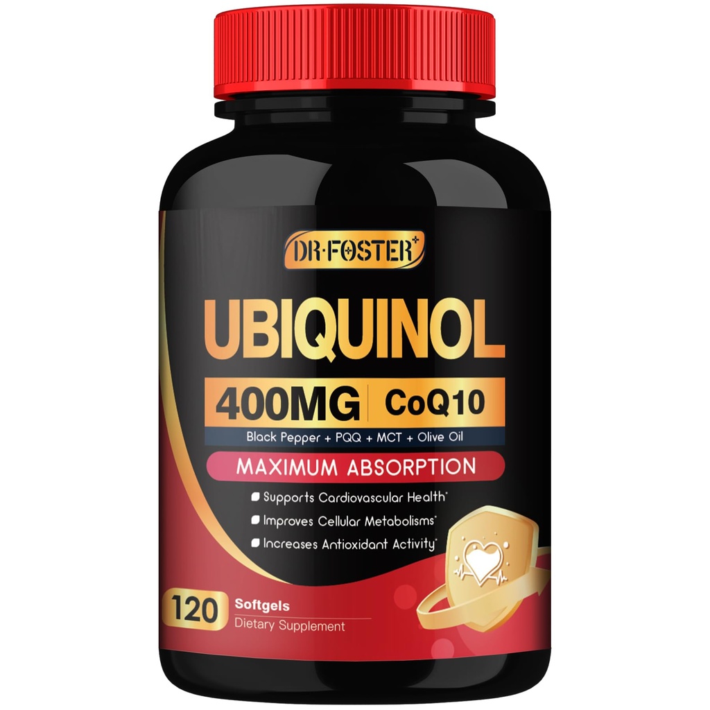 DRFOSTER Coq10 400mg Softgels Ubiquinol - Co Q 10 Συμπλήρωμα Συνένζυμο q10 Cq10 400mg Plus Βιταμίνη E, PQQ, Μαύρο Πιπέρι για την Υγεία της Καρδιάς, 120 Μετρήσεις