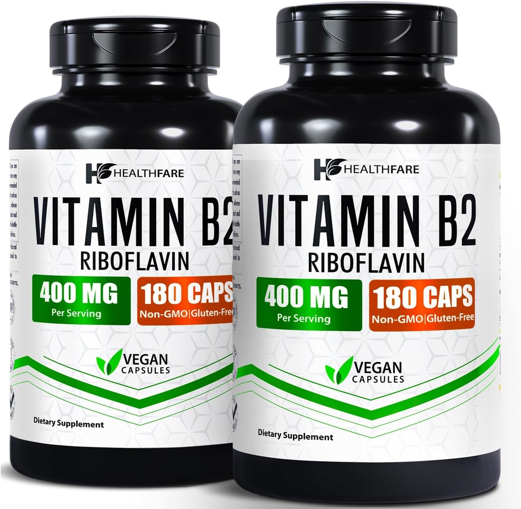 Healthfare Vitamin B2 Riboflavin 400 mg | 2 | 180 Veg Capsules Her | Tamam | Gluten-Free | Non-GMO