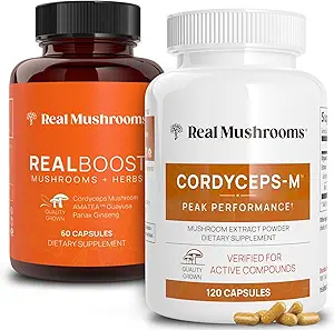 Real Mushrooms RealBoost (60ct) and Cordyceps (120ct) Capsules Bundle - Mushroom Supplement for Energy, Vitality & Endurance - Energy Vitamins w/Ginseng, Guayusa - Vegan, Non-GMO