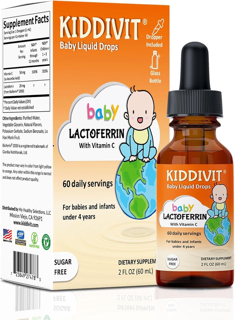 Kiddivit Baby Lactoferrin Liquid Drops – Gentle Immune Support Supplement – 100mg Formula with Prebiotic Inulin – 60 Daily Servings – Χωρίς ζάχαρη, Χωρίς γλουτένη, χορτοφαγικά, 2oz