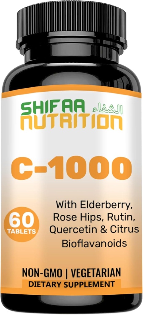 SHIFAA NUTRITION Halal Vitamin C-1000mg Tablets, 60 Days Supply. Immune Support Supplement with Vitamin C, Elderberry, Quercetin, Rose HIPS & Rutin. Vegetarian, Non-GMO, Sugar Free & Keto Friendly