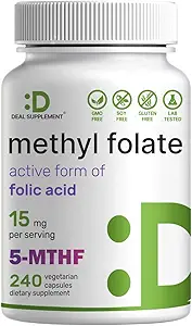 DEAL SUPPLEMENT L Methylfolate 15mg Per Serving, 240 Veggie Capsules – Active Folic Acid Form (5-MTHF), Bioavailable Methylated Folate – Prenatal, Energy, & Brain Support Supplement – Non-GMO