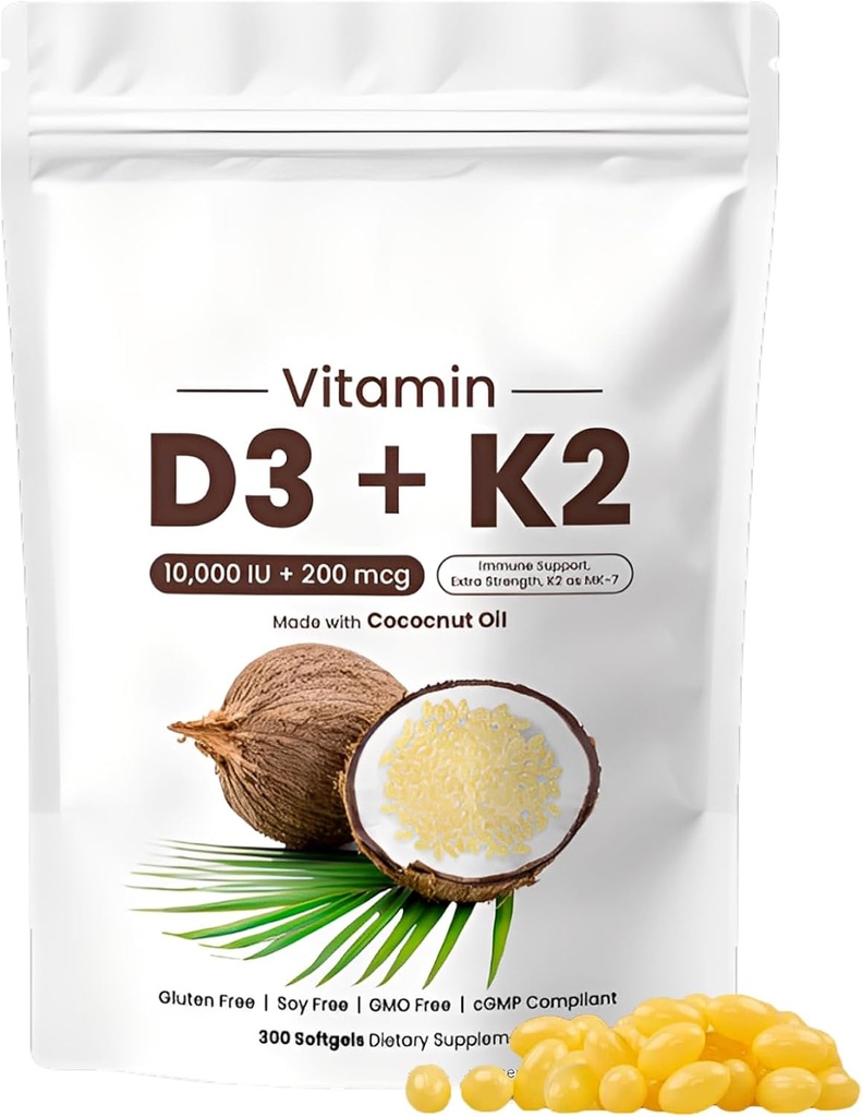Naturespeak Vitamin D3 K2 10000 IU, 2in-1 Coconut Oil Softgels with 10000 IU VIT D3 + 200 MCG Vitamin K2 for Bone, Immune & Heart Support | Easy to Swallow, Non-GMO, 300 Softgels