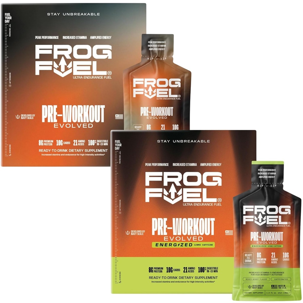 Frog Fuel Ultra & Ultra Energyzed Pre Processed Shot Bundle με 1500mg Beta Alanine, Electrolytes 8g πρωτεΐνη Nano-Hydrolyzed Grass Fed Collagen, 10g Carbs, Berry, 1.2 oz Packets, 48 Pack
