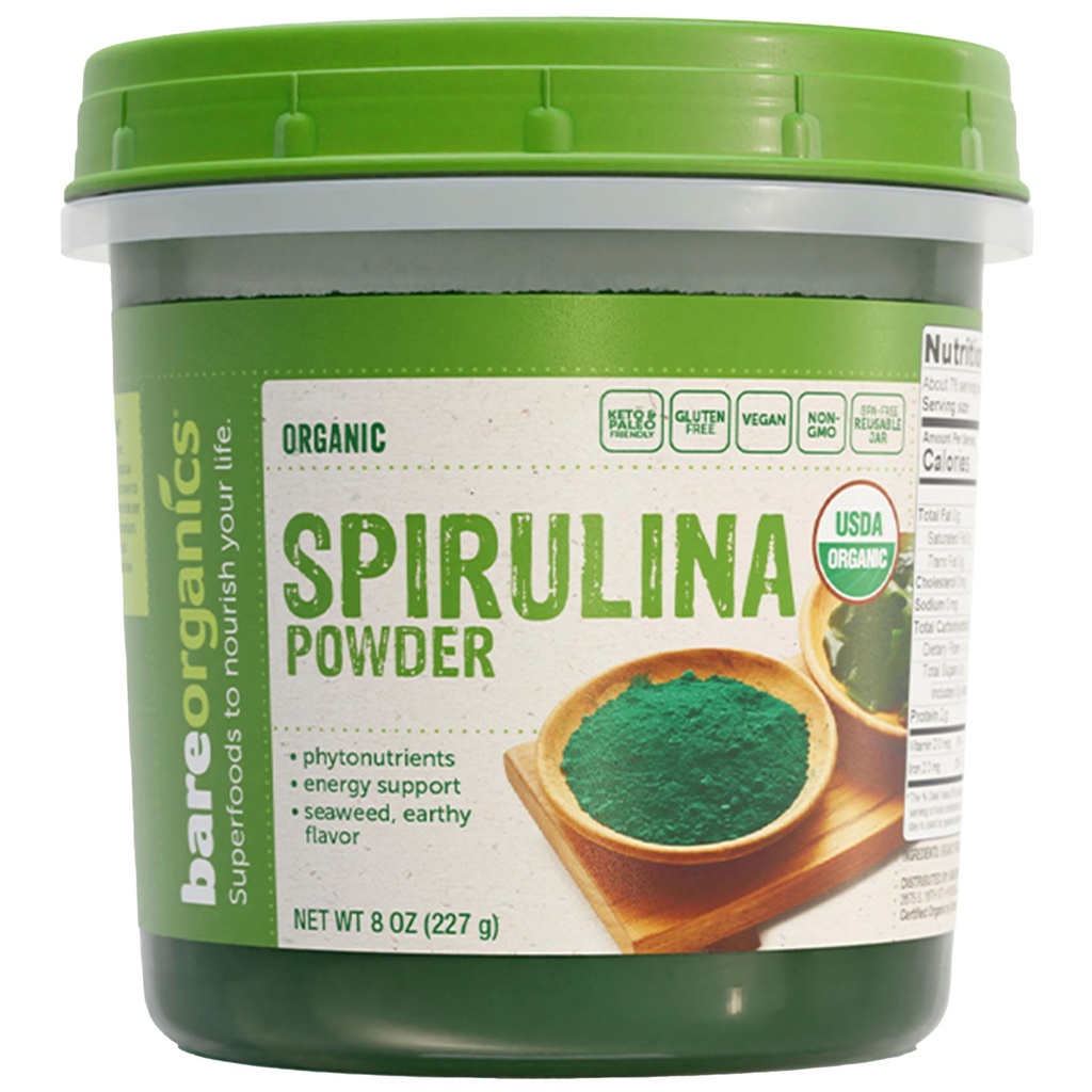 BareOrganics SPIRULINA σκόνη (Raw - Organic), 8 ουγγιά (συσκευασία των 1)