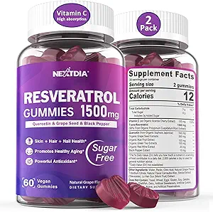 Resveratrol Tamam 1500 mg - Resveratrol Gummies NAD+, NMN & NMNH Synergy, Quercetin, Grape Tohumu, Acaiges Antioksi, Sağlıklı Ağlama ve uzun ömürlülük, Cilt, Beyin - 2Pcs