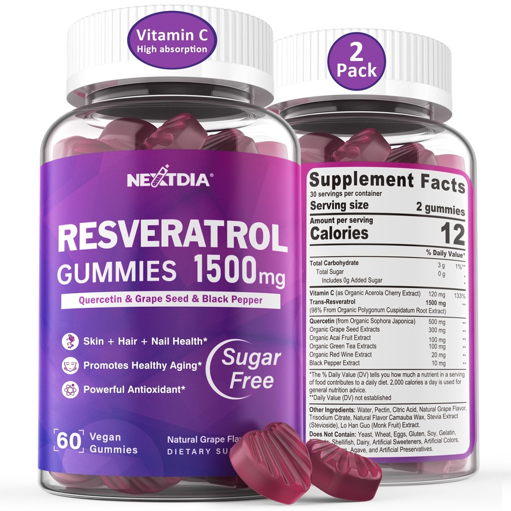 Resveratrol Tamam 1500 mg - Resveratrol Gummies NAD+, NMN & NMNH Synergy, Quercetin, Grape Tohumu, Acaiges Antioksi, Sağlıklı Ağlama ve uzun ömürlülük, Cilt, Beyin - 2Pcs