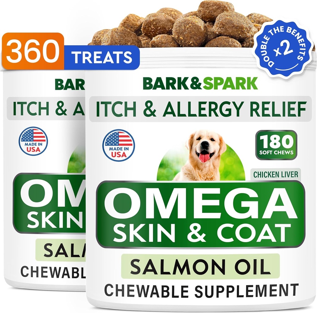BARK&SPARK ( Köpek için 2 Omega 3 paketi - Köpek için 360 Fish Oil Chews for Dog Shedding, Skin Alerji, Itch Relief, Hot Spots Tedavisi - Ortak Sağlık - Skin & Coat Supplement - EPA&DHA Fatty Acids
