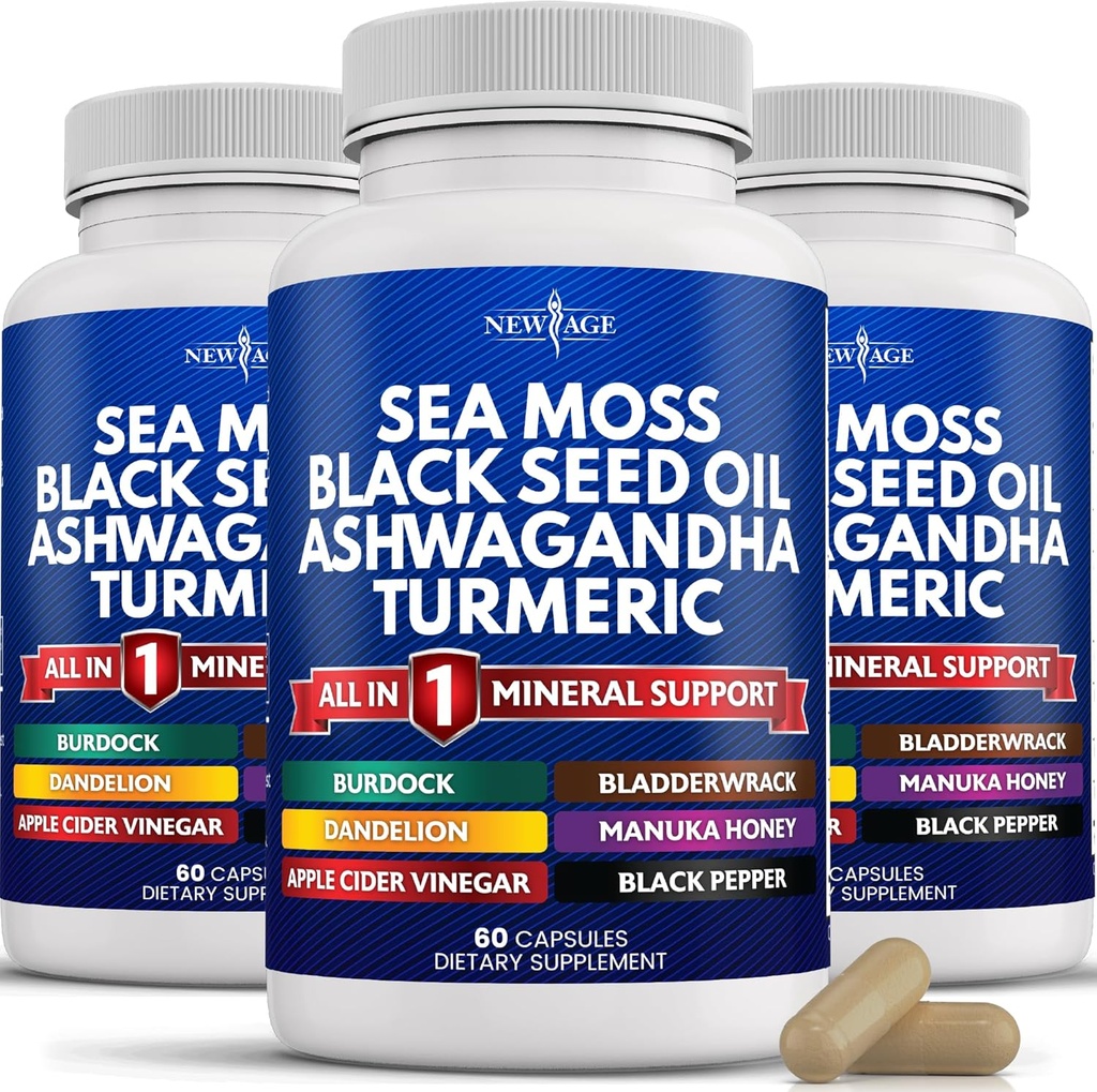 NEW AGE Silica Sea Moss, Black Seed Oil, Ashwagandha, Turmeric, Bladderwrack, Burdock - Manuka, Honey Dandelion, ACV Black Pepper Gluten Free