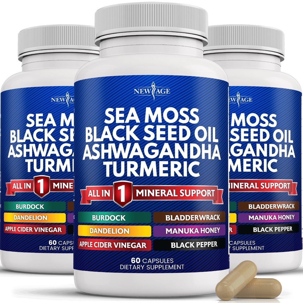 NEW AGE Silica Sea Moss, Black Seed Oil, Ashwagandha, Turmeric, Bladderwrack, Burdock - Manuka, Honey Dandelion, ACV Black Pepper Gluten Free