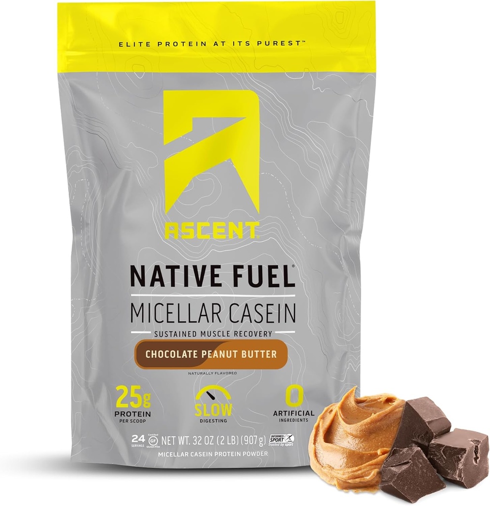 Ascent Casein protein Toz - 25g Micellar Sıfır Yapay Flavors & Sweeteners, Gluten Free, No Eklenmiş Şeker, 4.9g BCAA, 2.2g Leucine - Pea Chocolatenut Butter, 2 Pounds