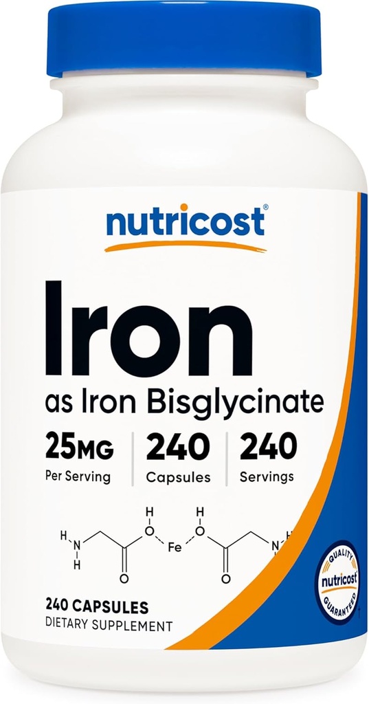 Nutricost Σιδήρου Bisglycinate Supplement (25mg) 240 Κάψουλες - από Χηλικό Διγλυκινικό Σιδήρο - Μη ΓΤΟ & Χωρίς Γλουτένη