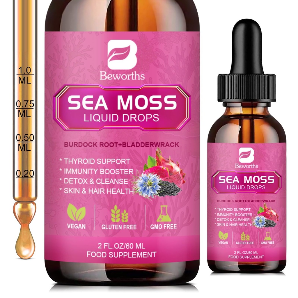Sea Moss Liquid Drops - Organik Siyah Tohum Yağı İrlandalı Deniz Moss Gel Burdock Kökü ile, Bladderwrack, Elderberry, C, D3, 6X Güçlü Denizmoss Gel Digestive, Saç Sağlığı - Vegan