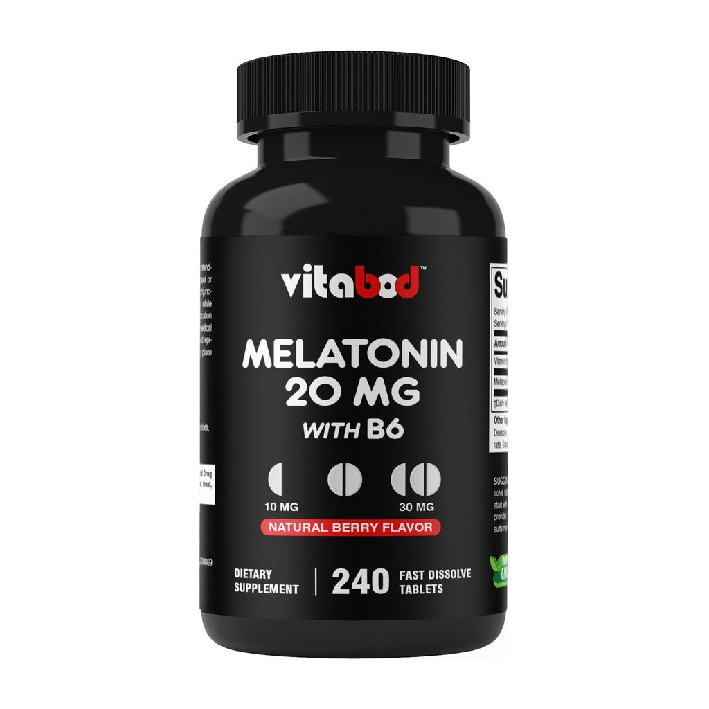 Vitabod Melatonin 20 mg - 240 Hızlı Dissolve Tabletler - Uyuşturucu Ücretsiz - Doğal Berry Flavor - Vejetaryen, Non-GMO, Gluten Free 240 (Kap 1) (240 Kont)