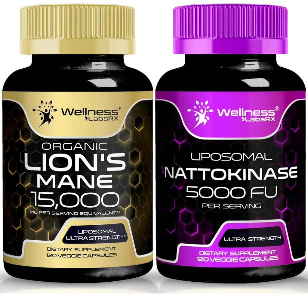 WELLNESS LABSRX Lions Mane Supplement Capsules - 120 Kont - Nattokinase Capsules