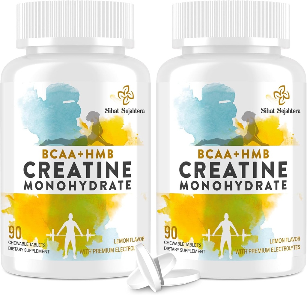 8- σε- 1 Creatine Monohydrate με BCAA & HMB, 5000 mg για άνδρες & γυναίκες, Μασουλάκια Κρεατίνης για μυς, Ανάκτηση, Αντοχή & Αντοχή, Υψηλή Απορρόφηση, Λεμόνι Γεύση, Χωρίς ζάχαρη, 180 δισκία