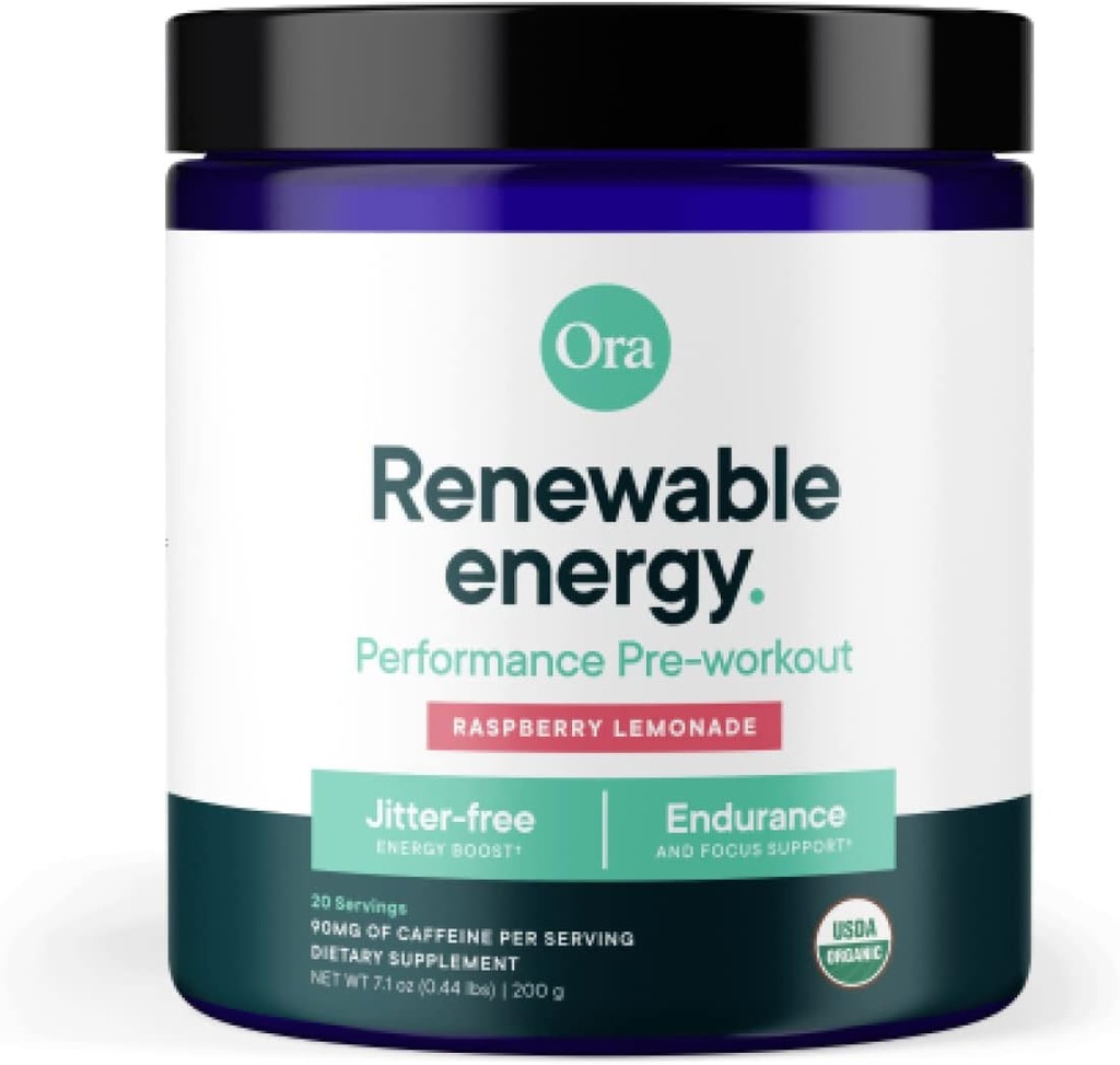 Ora Organic Natural Pre Workout Powder - Raspberry Lemonade Flavor- παρέχει δωρεάν ενέργεια Jitter, εστίαση, ενυδάτωση, & αντοχή - Vegan, πιστοποιημένα βιολογικά, σόγια, γαλακτοκομικά, & χωρίς γλουτένη, 20 υπηρεσίες