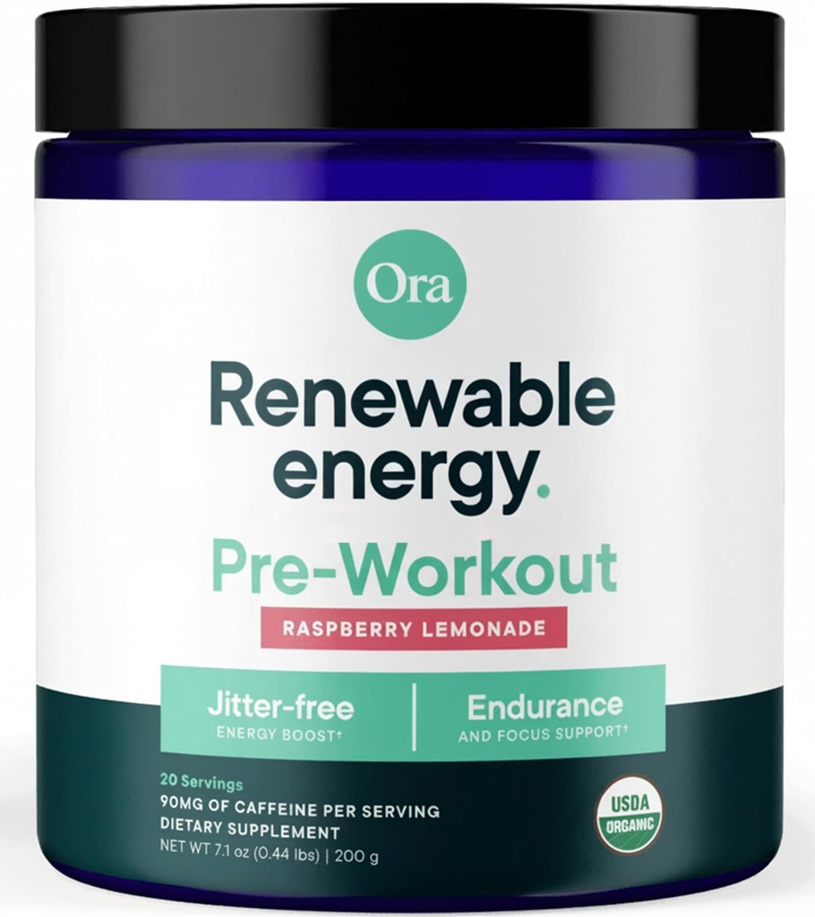 Ora Organic Natural Pre Workout Toz - Raspberry Lemonade Flavor- Jitter Free Energy, Focus, Hydration, & Endurance - Vegan, Sertifikalı Organik, Soy, Süt ve Gluten Ücretsiz, 20 Hizmetler