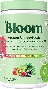 Bloom Διατροφή Πράσινα και Superfoods Powder Packets για Digestive Υγεία, Πράσινοι Σκόνη, Digestive Ένζυμα, Προβιοτικά, Spirulina, Chlorella για Bloating & Gut Υποστήριξη, 15 Stick, Φράουλα Kiwi