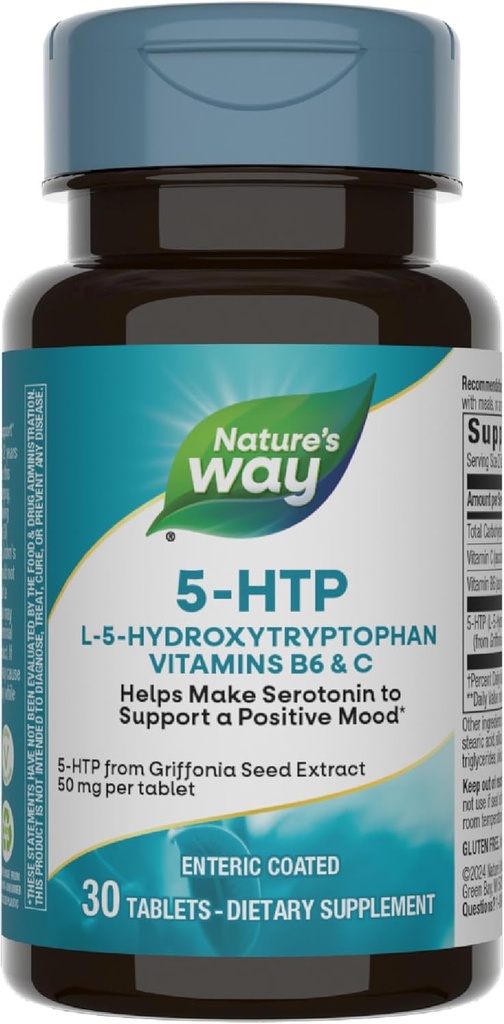 Nature's Way 5-HTP, L-5-Hydroxytryptophan, Serotonin'i Olumlu Bir Bakış*, Vitamin B6, C, Griffonia Bean ekstraksiyon, 30 Tablet (Pazarlama)