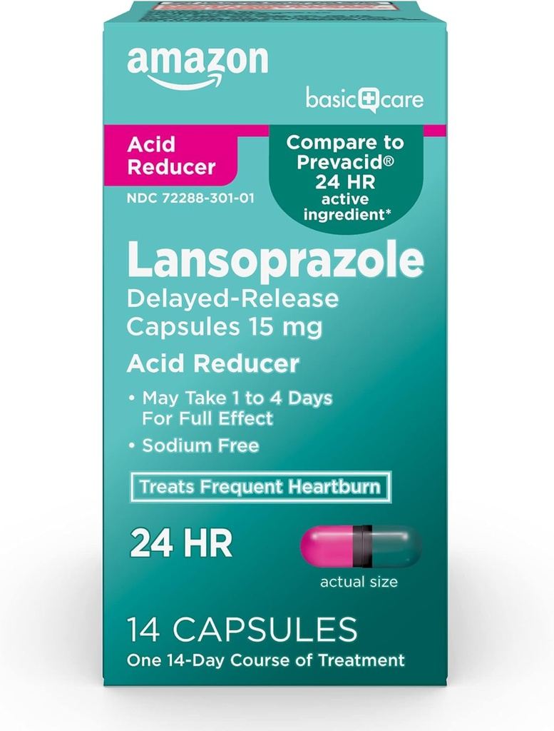 Temel Bakım Lansoprazole Gecikmiş Yayın Kapsülleri, 15 mg, Frequent Heartburn, 14 Count