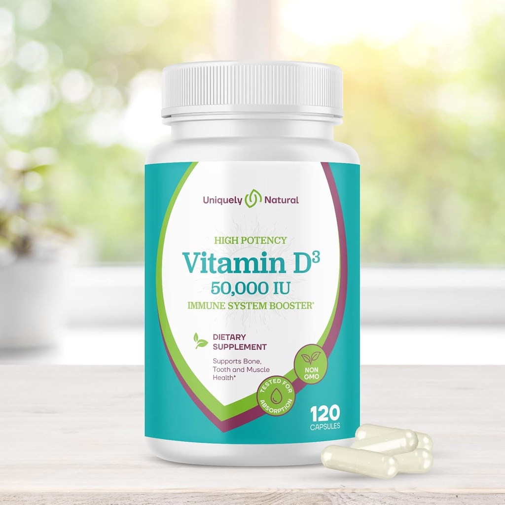 Vitamin D3 50,000 IU 125mcg Capsules - 120 Organic Weekly Supplements, Non-GMO Gluten Free Pills, for Strong Bones, Teeth, Immune Support - Made in USA