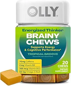 OLLY Energized Thinker Brainy Chews, Caffeine, Vitamin B12 & Omega-3, Enerji Tamam, Tropikal Flavored, Vegetarian, 20