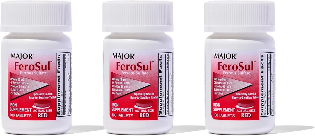 MAJOR Ferosul - Ferrous Sulfate 325mg Tablets with 65mg of Elemental Iron - Iron Supplement for Women, Men - Red - 100 Tablets (3 Pack)