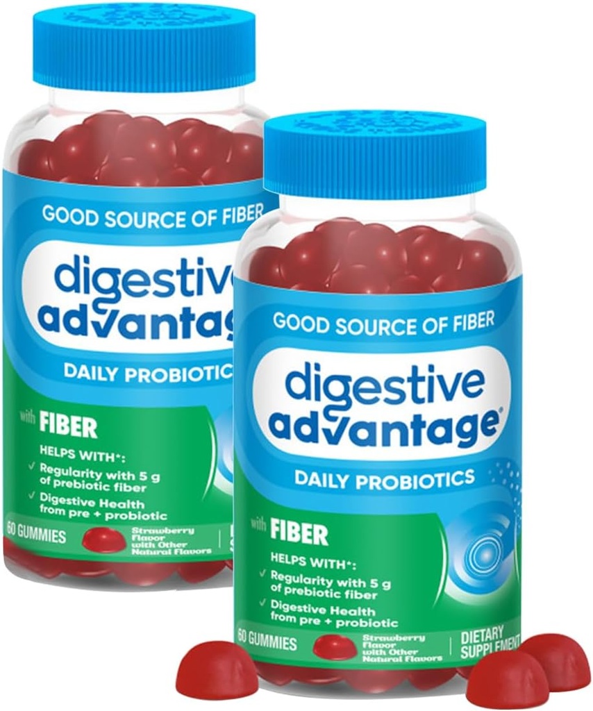 Digestive Avantaj Prebiyotik Fiber Supplement Strawberry Flavor Gummies with Probiyotiks for Women & Men Digestive Health, Yetişkinler Regularity ve Gut Health, 60 (2 Pack)