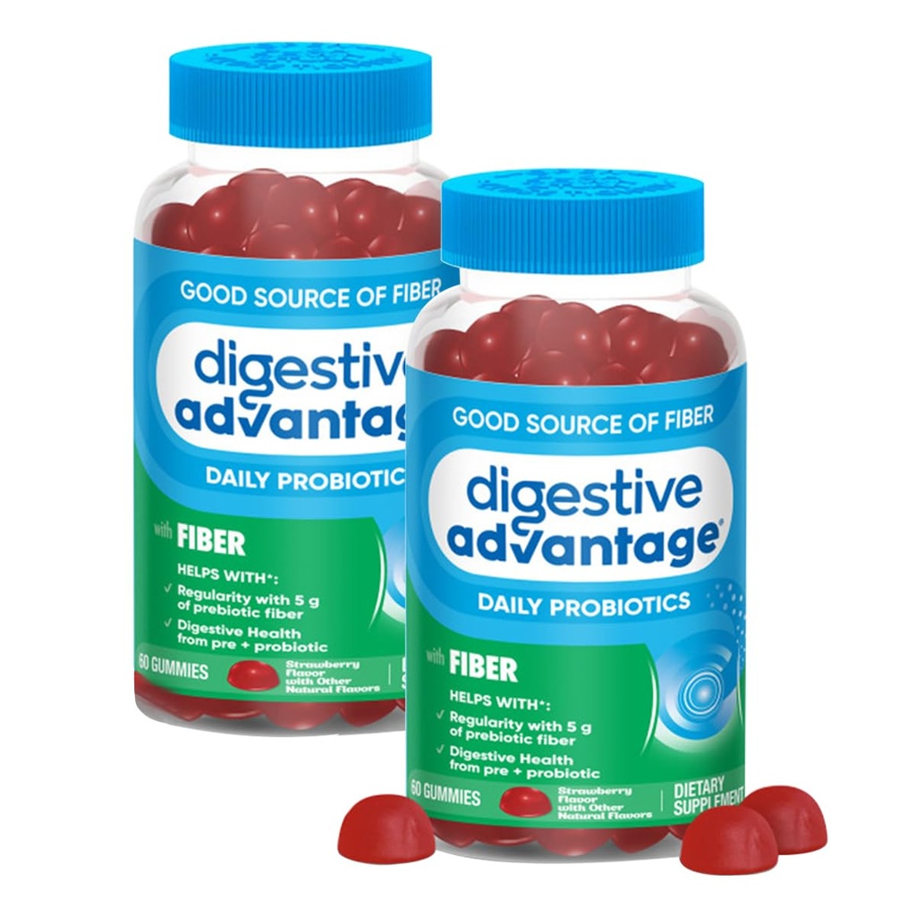Digestive Avantaj Prebiyotik Fiber Supplement Strawberry Flavor Gummies with Probiyotiks for Women & Men Digestive Health, Yetişkinler Regularity ve Gut Health, 60 (2 Pack)