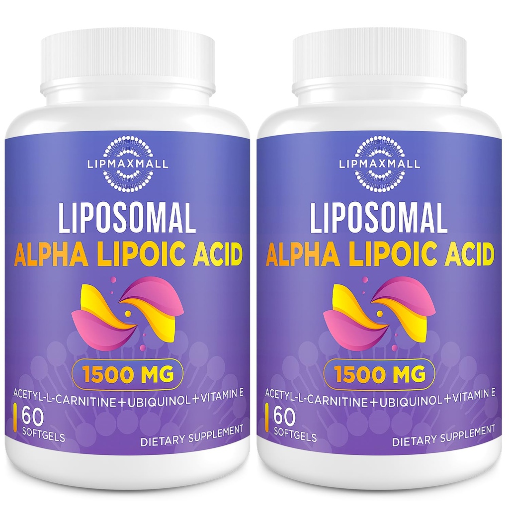 Liposomal Alpha Lipoic Acid 1500 mg - Acetyl-L-Carnitine 900 mg & Ubiquinol 100 mg & Vitamin E 15 mg,ALA Supplement for Antioksis Glucose Metabolism Nerve Energy,60 Softgels (2 Şişe)