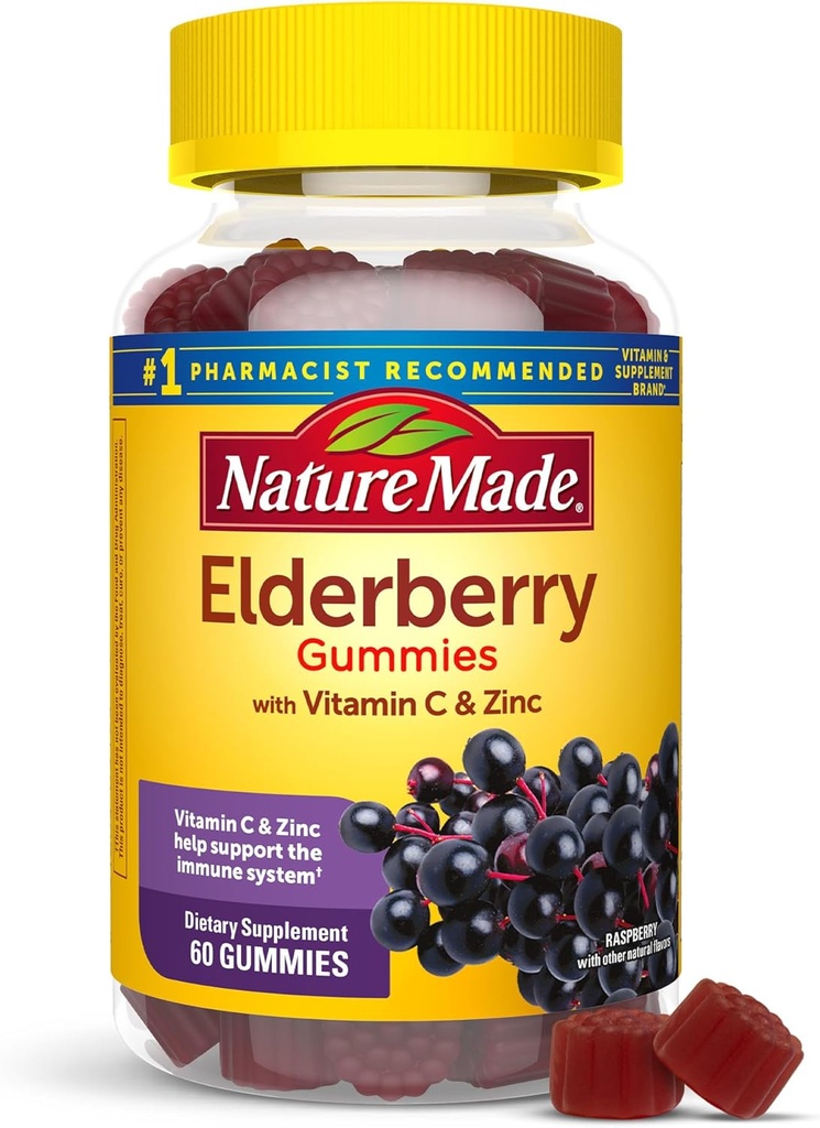 Nature Made Elderberry με βιταμίνη C και ψευδάργυρο, συμπλήρωμα διατροφής για την υποστήριξη του ανοσοποιητικού, 60 Gummys Elderberry, 30 Ημέρα προσφοράς