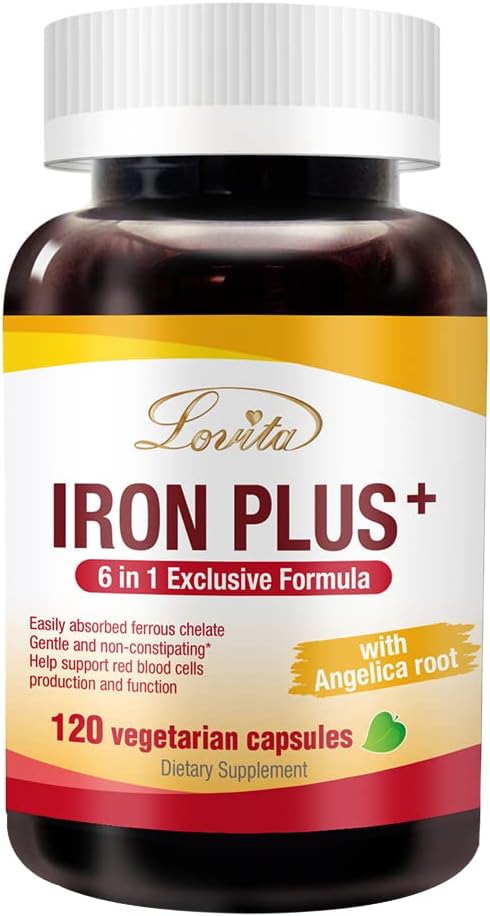 Lovita Iron 18 mg, 6 σε 1 συμπλήρωμα σιδήρου για γυναίκες, βιταμίνη C, Dong Quai & B12, βιταμίνη Vegan για την υποστήριξη της παραγωγής ερυθρών αιμοσφαιρίων χωρίς δυσκοιλιότητα, 120 κάψουλες