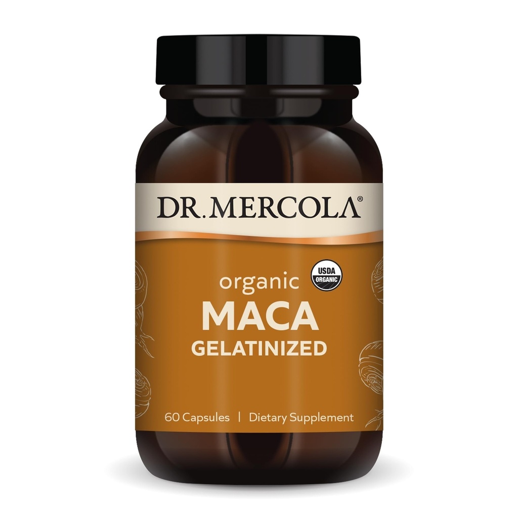 Dr. Mercola Organic Maca Gelatinized Dietary Supplement, 30 Σερβιέτες (60 κάψουλες), Μη ΓΤΟ, Χωρίς γλουτένη, Χωρίς σόγια, USDA Organic